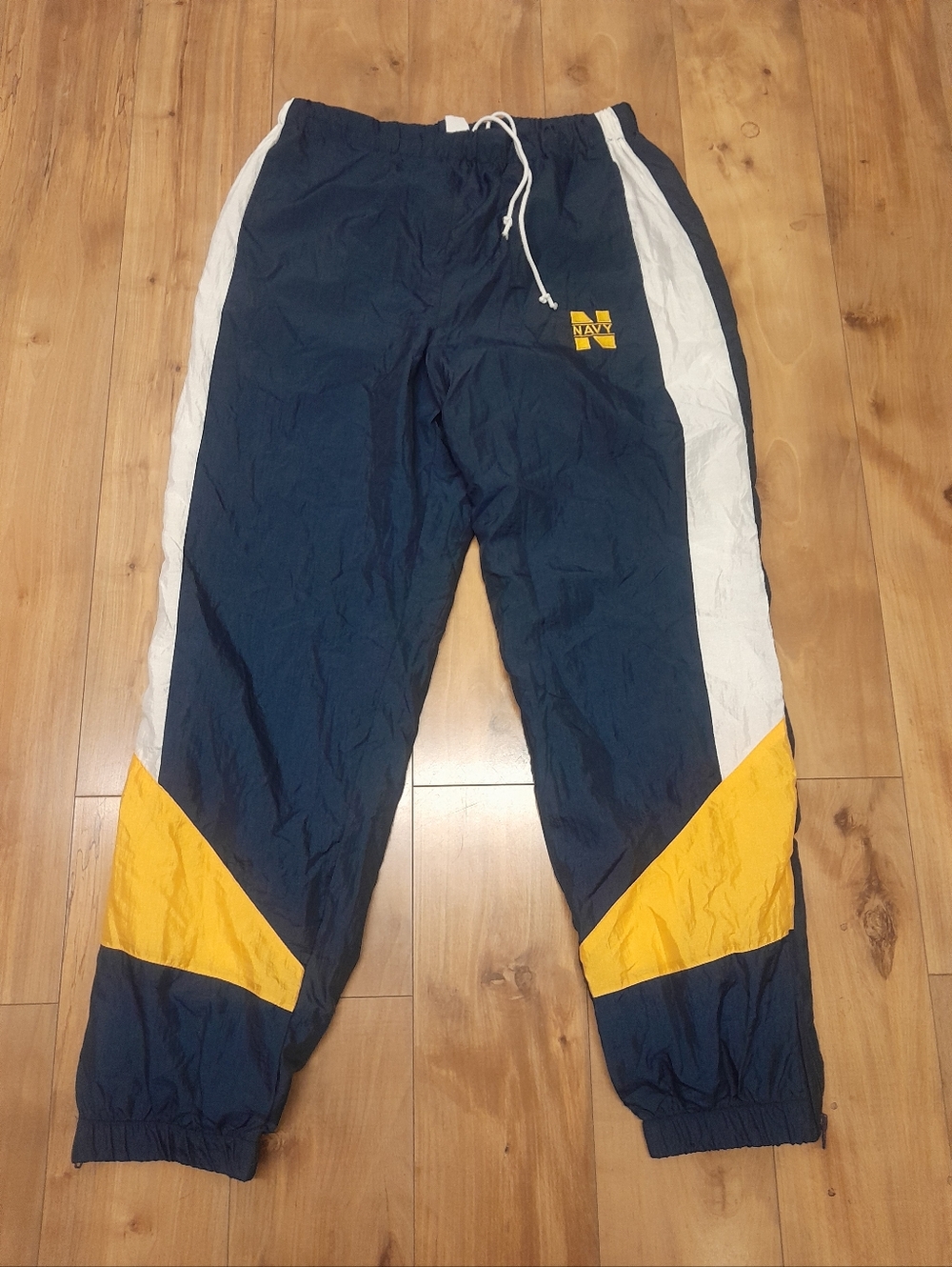 Vintage US Navy Military Blue Yellow Nylon Track Pants XL Mesh Lined Zip Ankle.